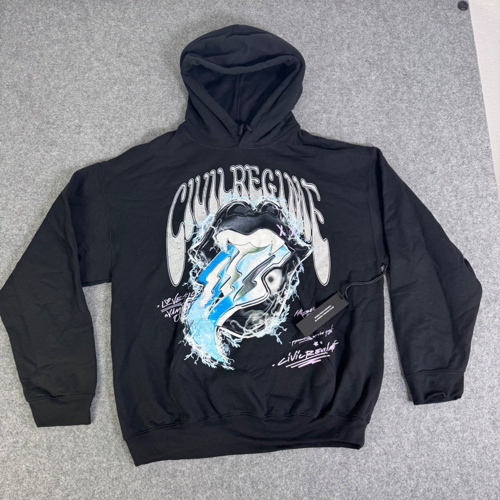 Civil Regime Mens Black Graphic Hoodie Lightning Lips Pullover Large K150